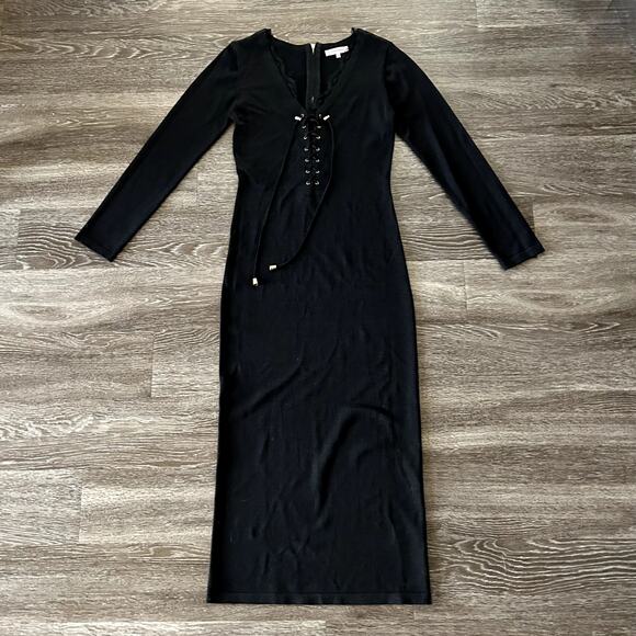 NWOT Silvian Heach TELAH Black Lace-Up Midi Dress Sz XL Long Sleeve Ribbed Knit - Picture 16 of 16